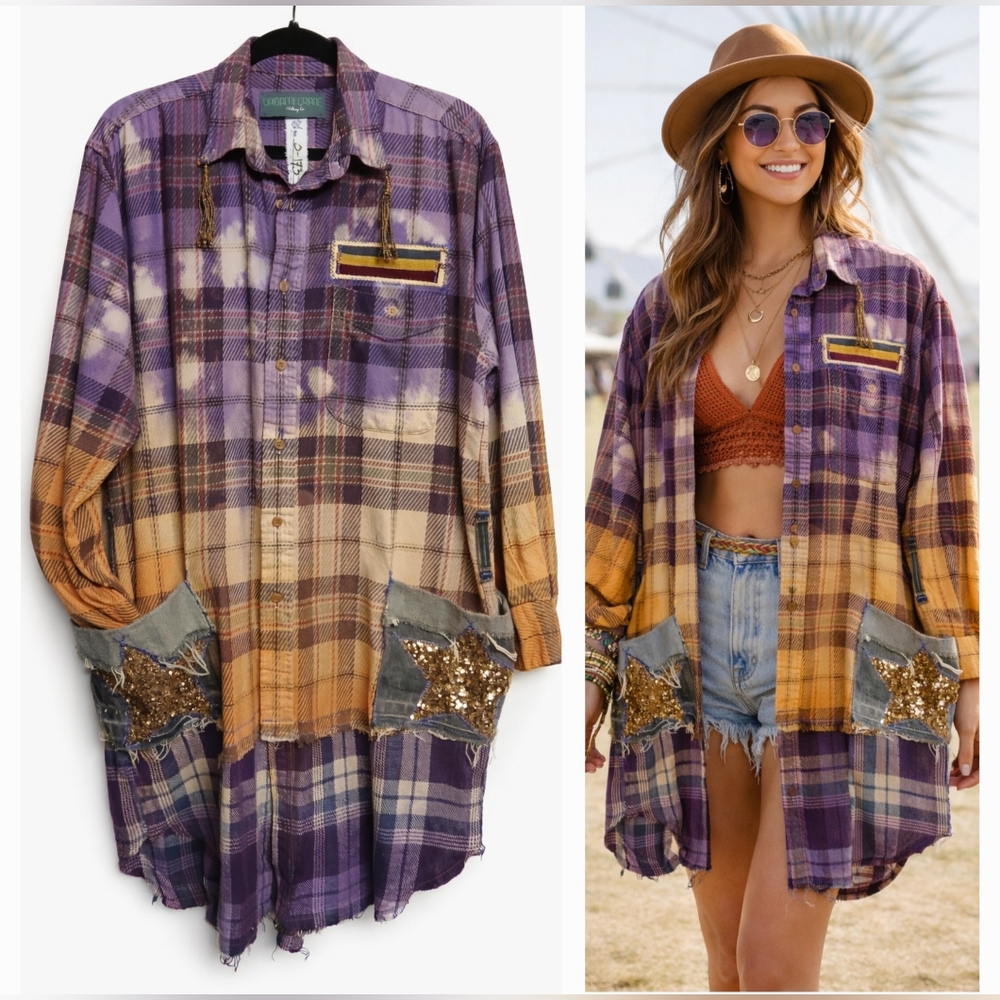 ORIGAMI CRANE Upcycled Plaid DUSTER Shirt Purple WESTERN BOHO Women's Artwear